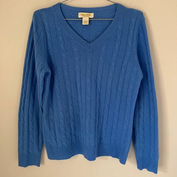 Peck & Peck 100% Cashmere Blue V-Neck Cable Knit Sweater Women's Size L - Picture 1 of 5